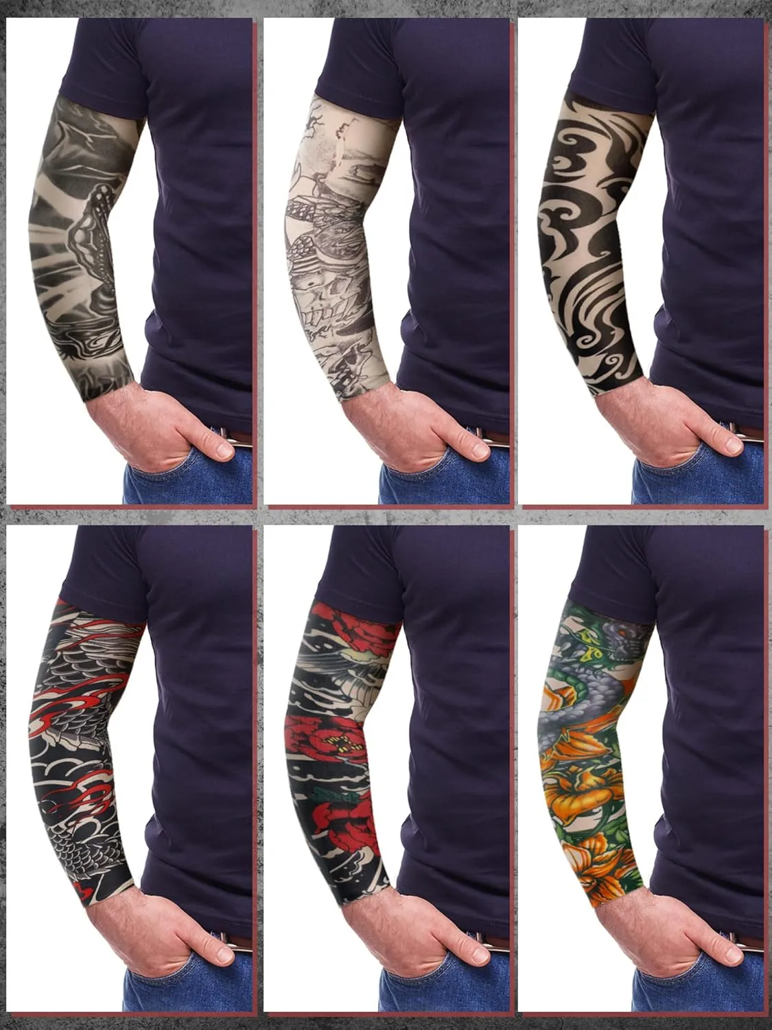 Boao 20 Pcs Men's Cooling Arm Sleeves Long Fingerless Arm Cover Anti Slip UV Protection Sun Temporary Tattoo Sleeves