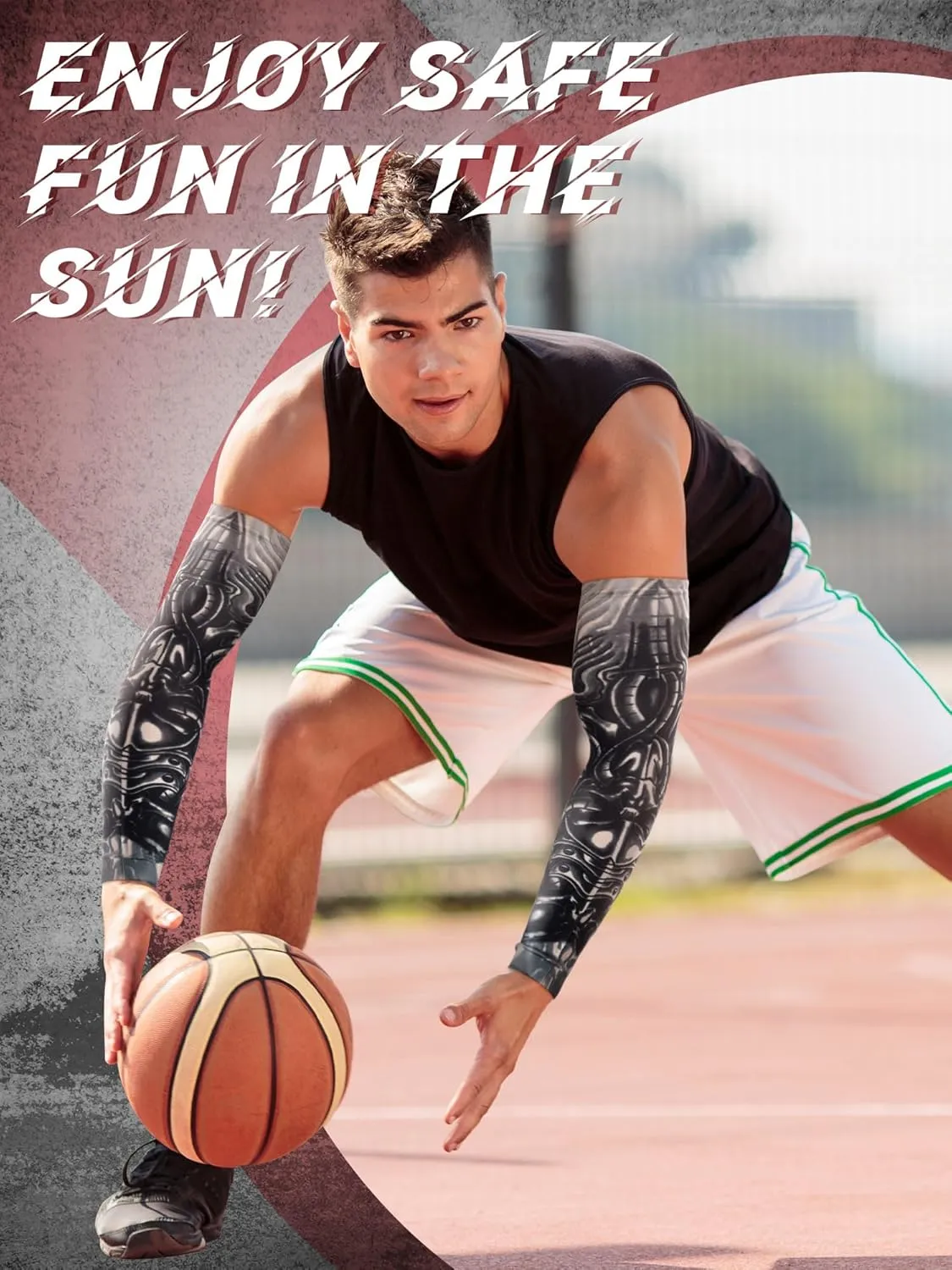 Boao 20 Pcs Men's Cooling Arm Sleeves Long Fingerless Arm Cover Anti Slip UV Protection Sun Temporary Tattoo Sleeves