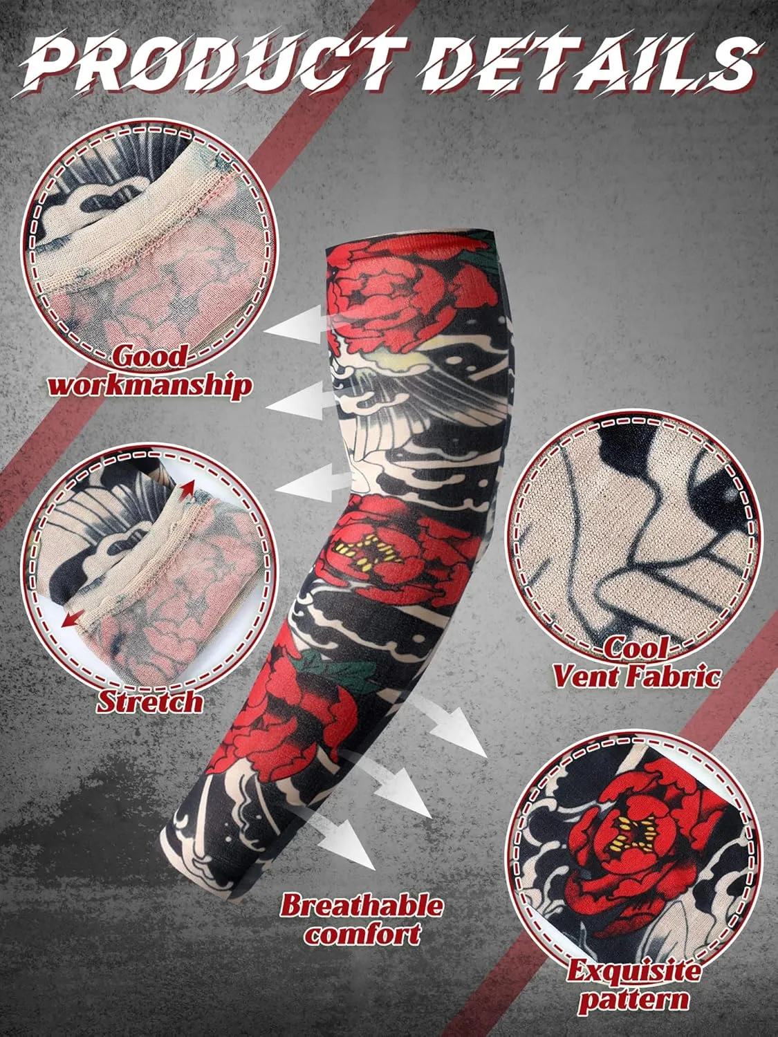 Boao 20 Pcs Men's Cooling Arm Sleeves Long Fingerless Arm Cover Anti Slip UV Protection Sun Temporary Tattoo Sleeves