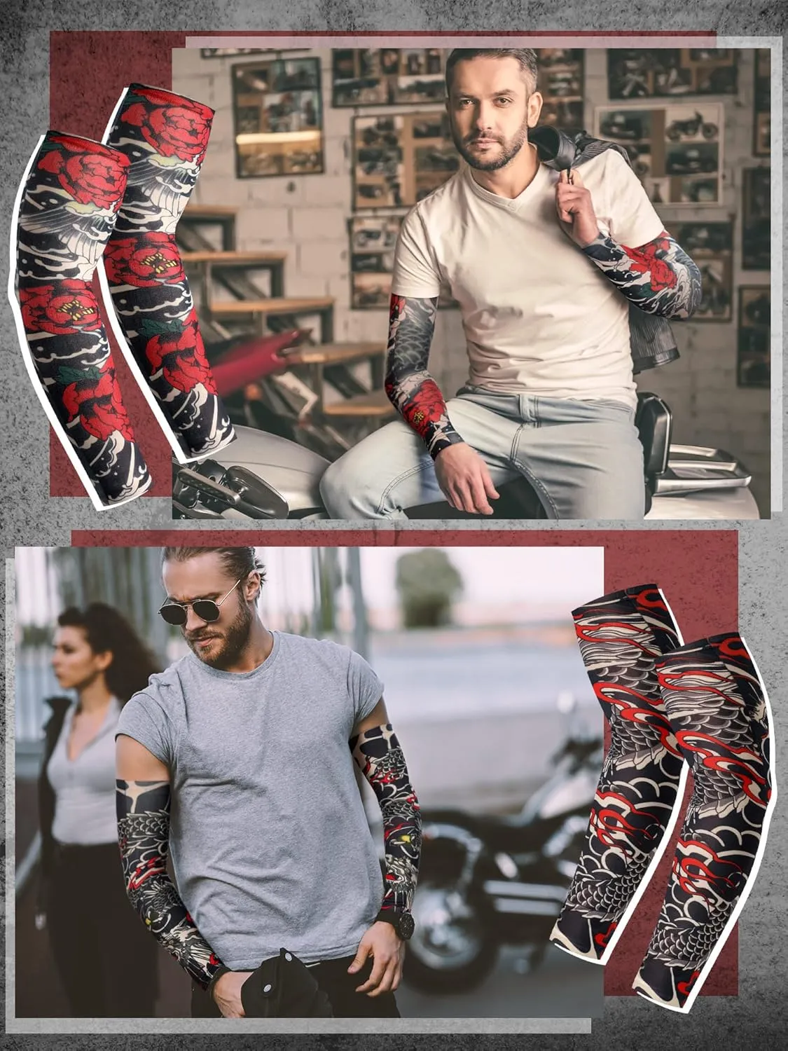 Boao 20 Pcs Men's Cooling Arm Sleeves Long Fingerless Arm Cover Anti Slip UV Protection Sun Temporary Tattoo Sleeves
