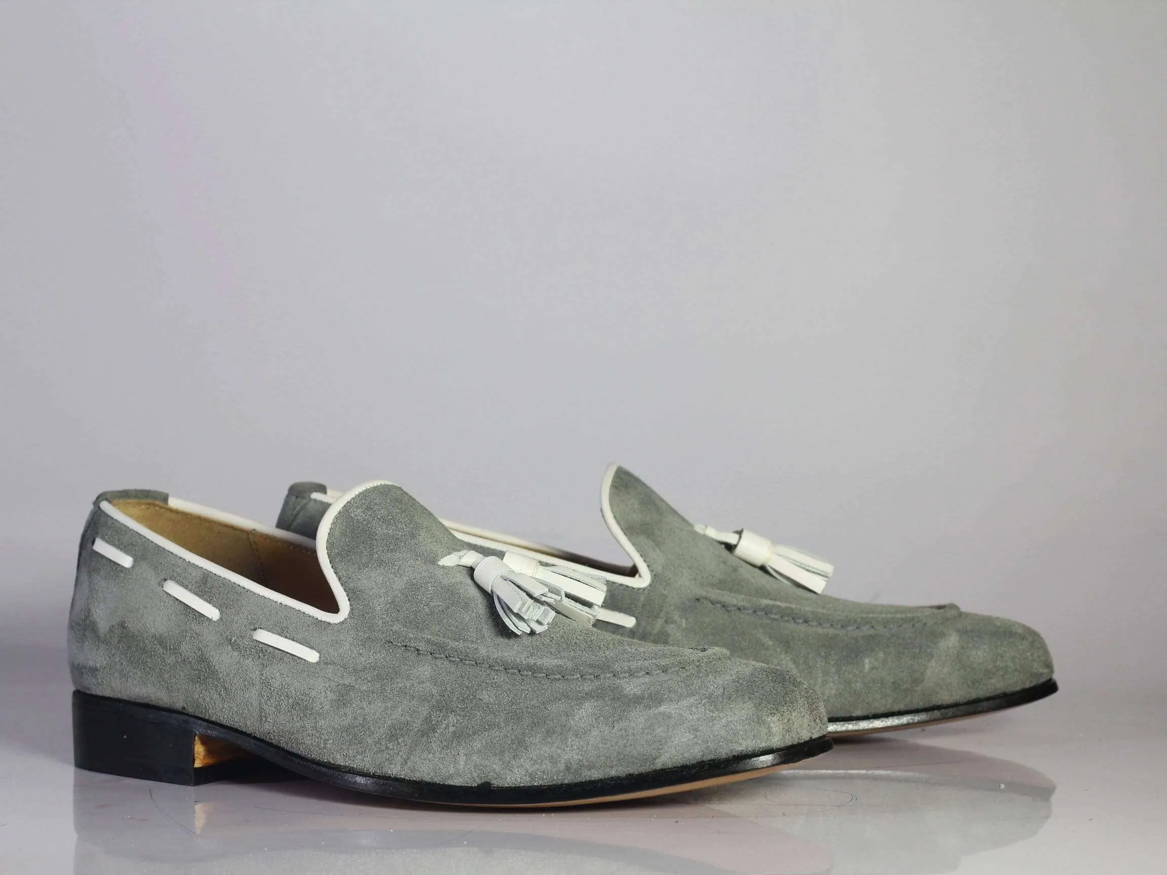 Handmade Gray Loafers Suede Tussles Shoe