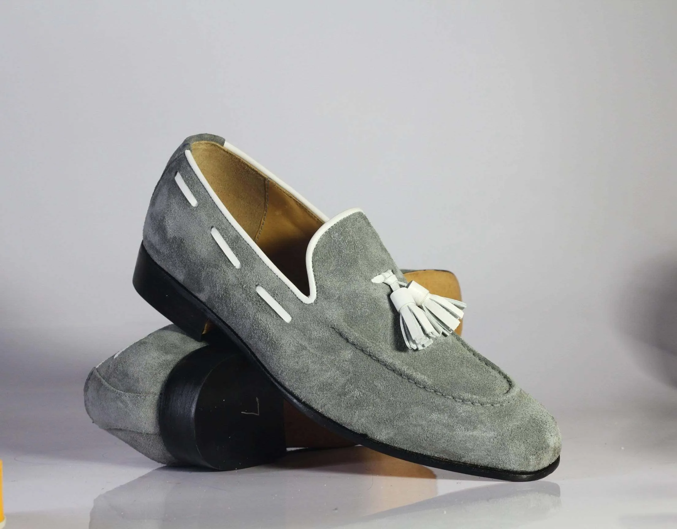 Handmade Gray Loafers Suede Tussles Shoe