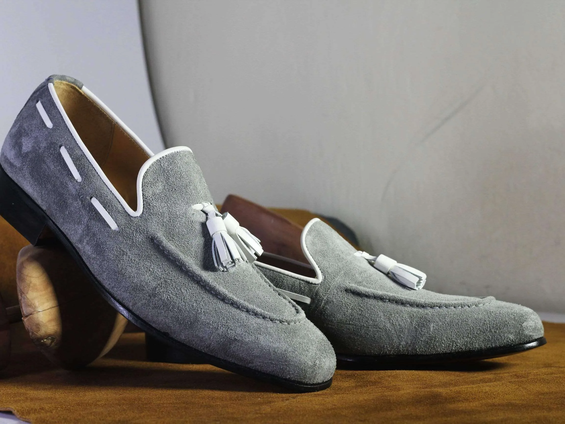 Handmade Gray Loafers Suede Tussles Shoe