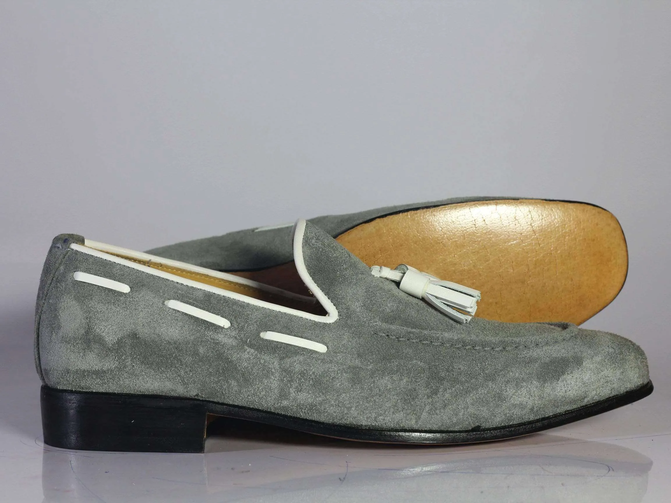 Handmade Gray Loafers Suede Tussles Shoe