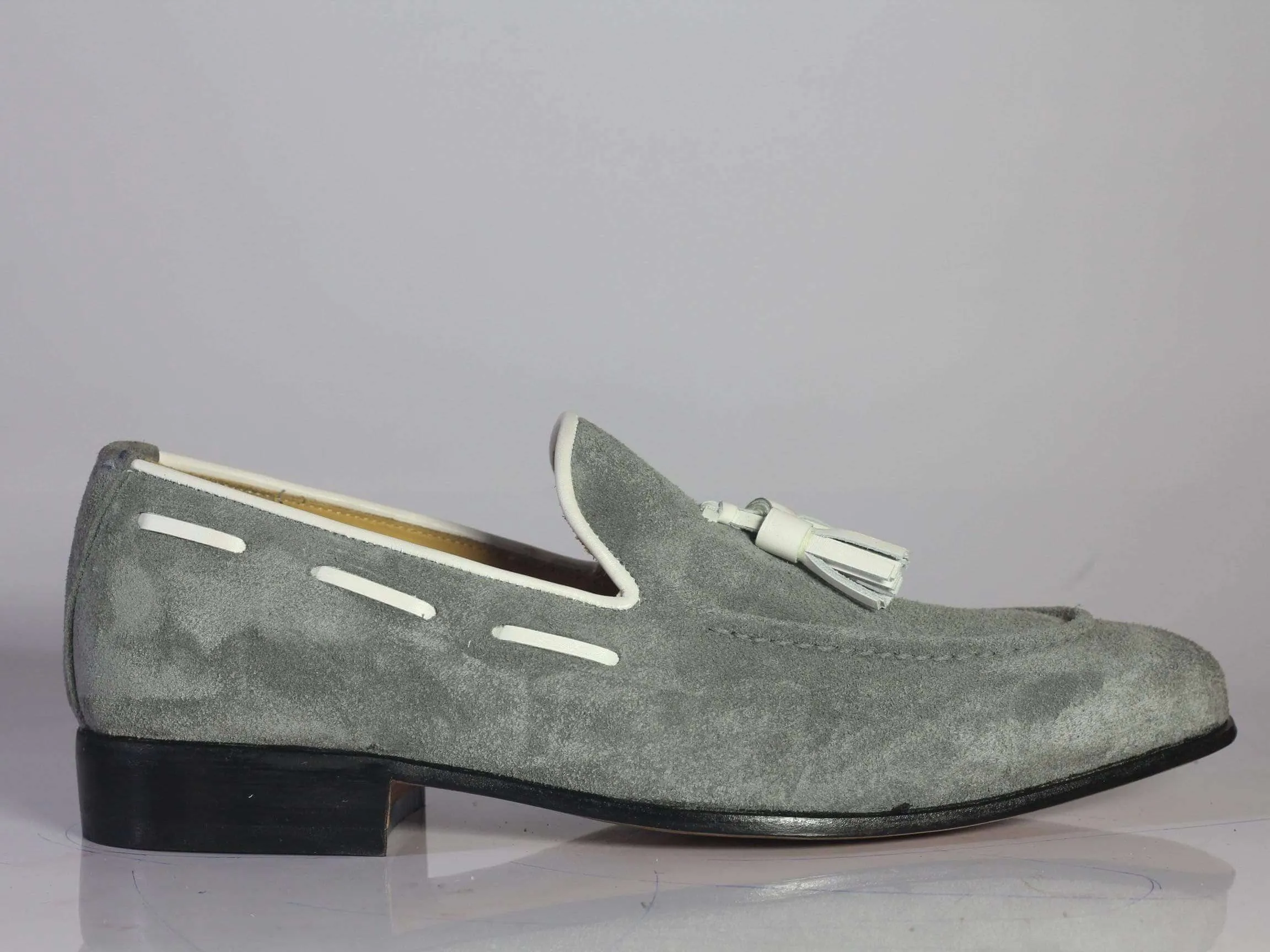 Handmade Gray Loafers Suede Tussles Shoe