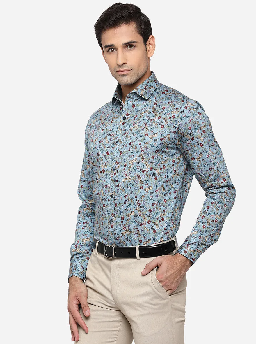 Pasific Blue Printed Slim Fit Party Wear Shirt | Wyre