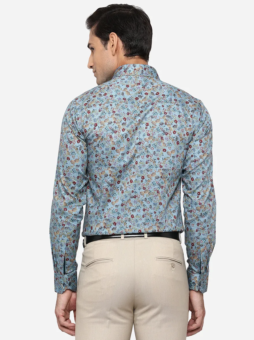 Pasific Blue Printed Slim Fit Party Wear Shirt | Wyre