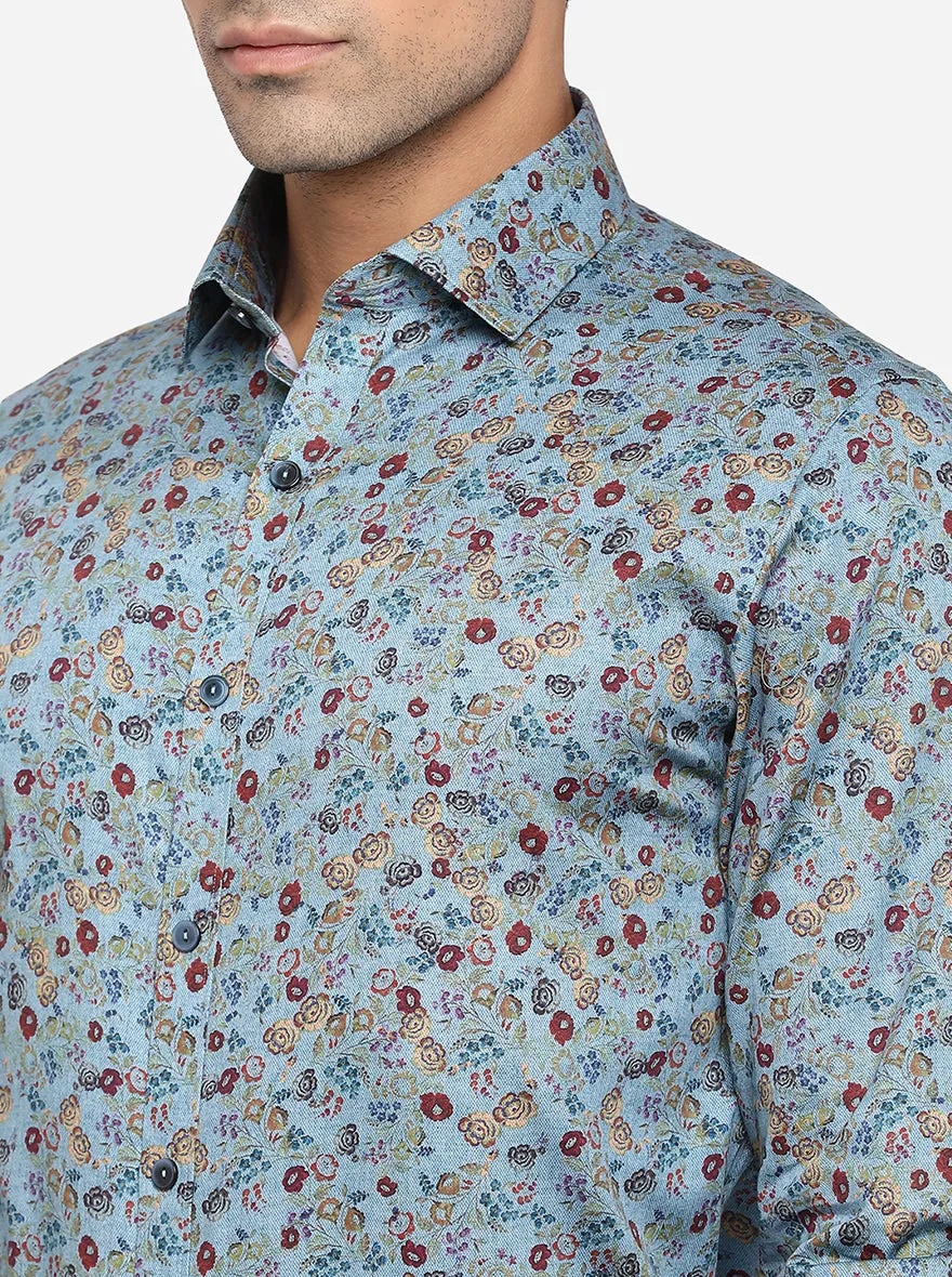 Pasific Blue Printed Slim Fit Party Wear Shirt | Wyre