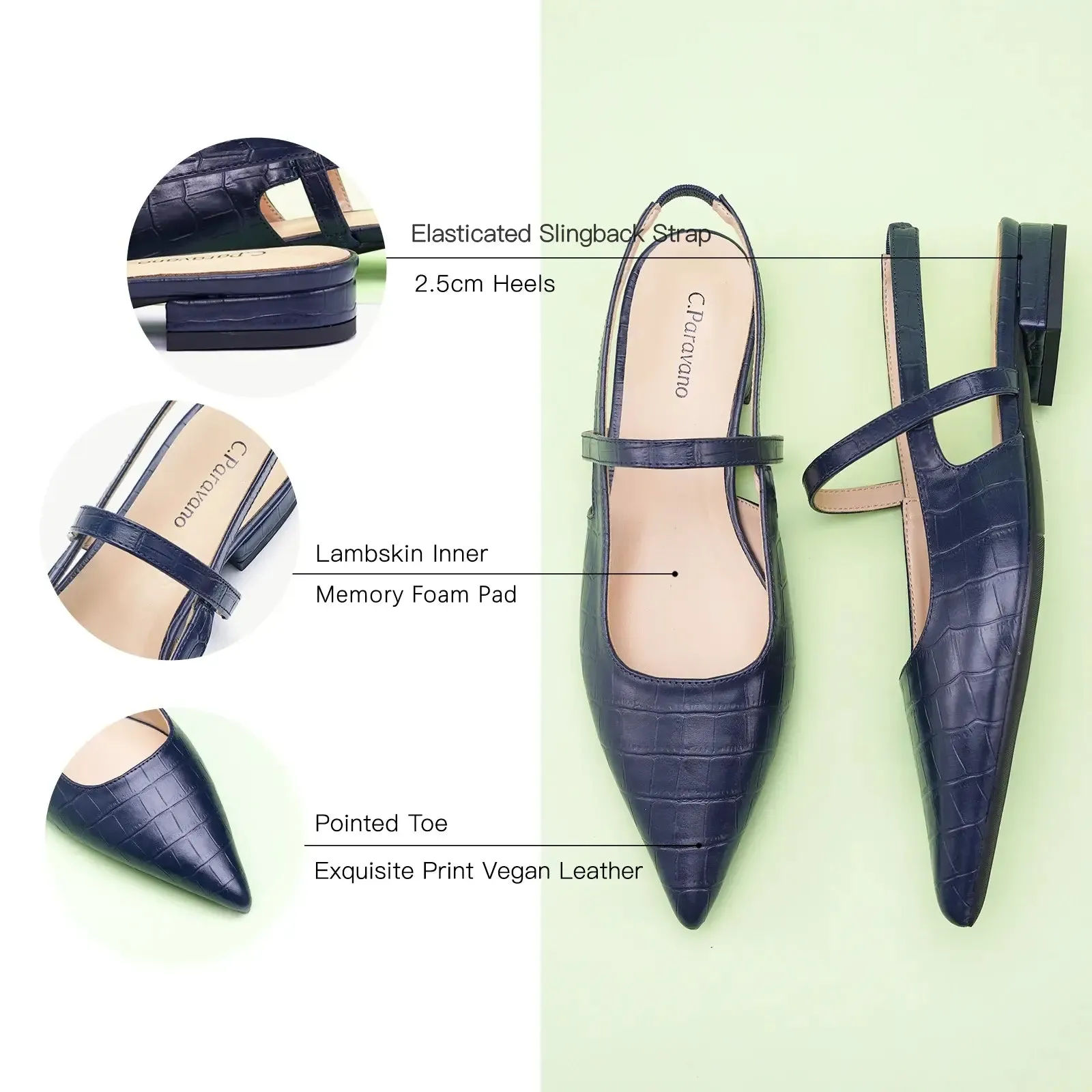 Pointed Toe Crozzling Slingback Flats (Freya) Navy