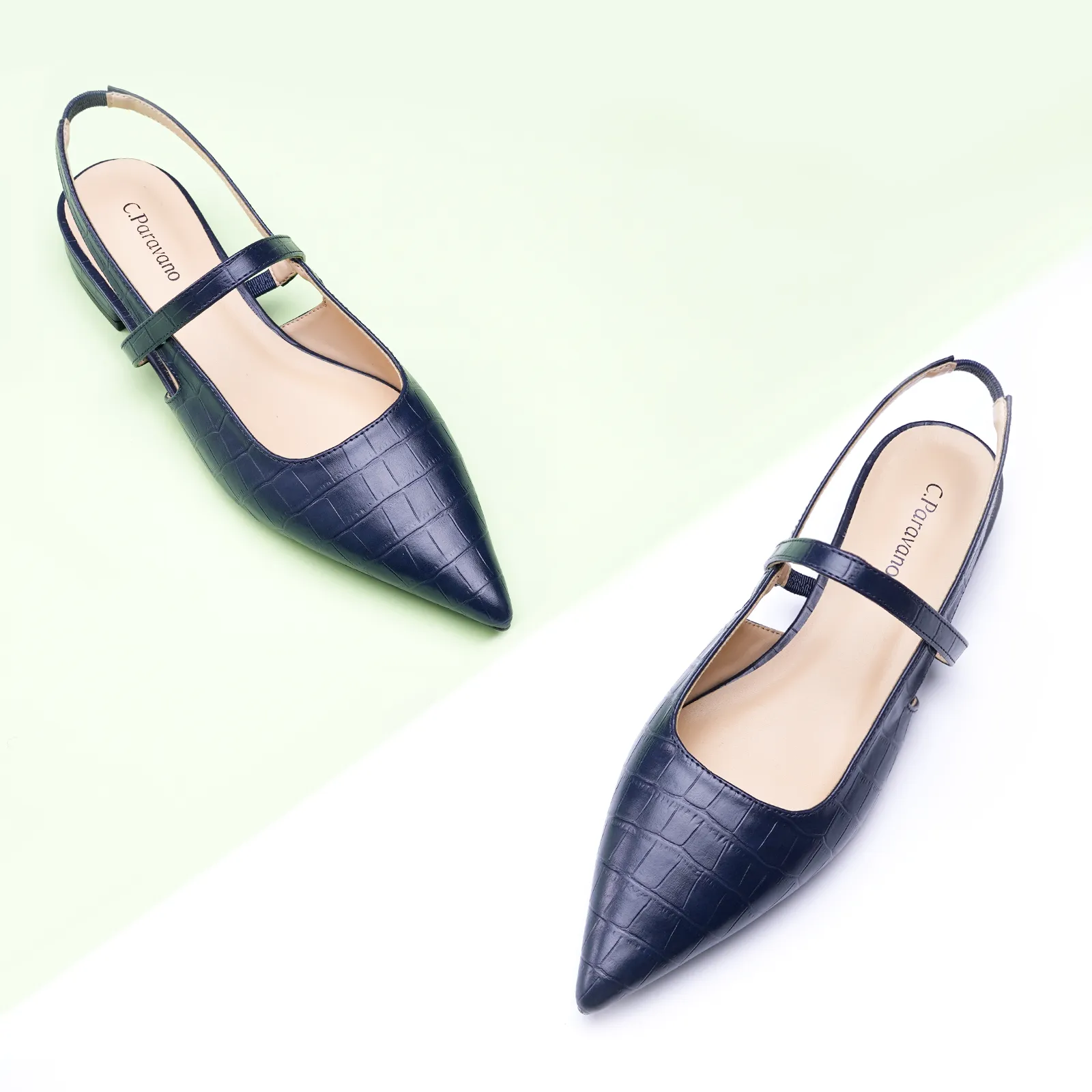 Pointed Toe Crozzling Slingback Flats (Freya) Navy