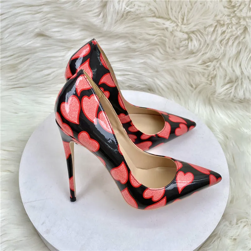 Printed Heart Patent Stiletto Heels