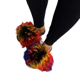 Women Summer Fluffy Faux Fur Outdoor Flip Flops