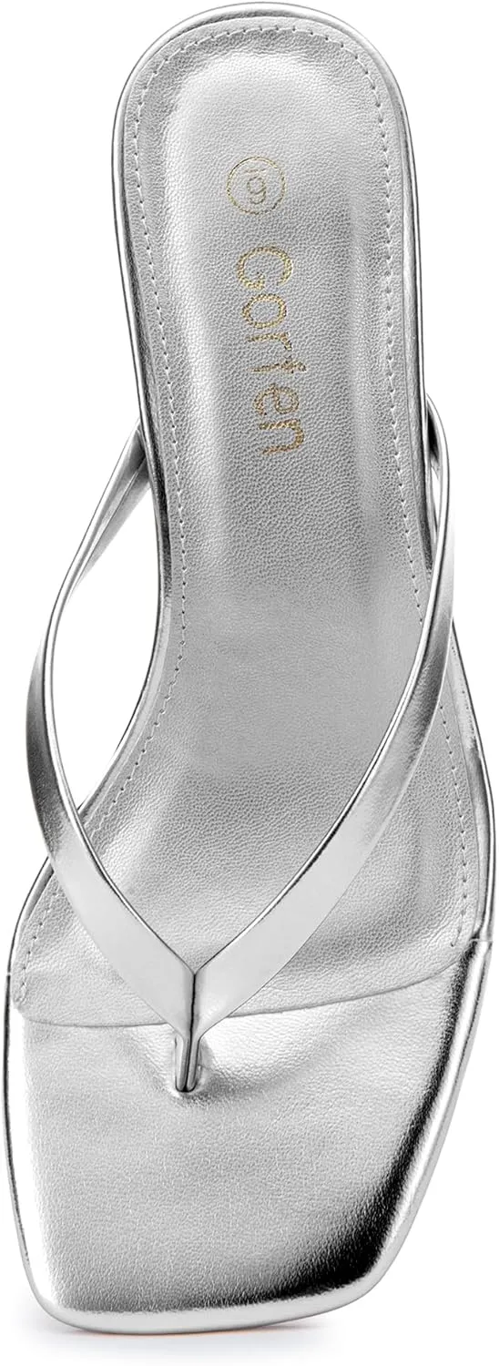 Women's Kitten Heel Sandals Square Toe Slip-On Flip Flop Heels Thong Sandals for Summer 2 Inch Heeled Sandals